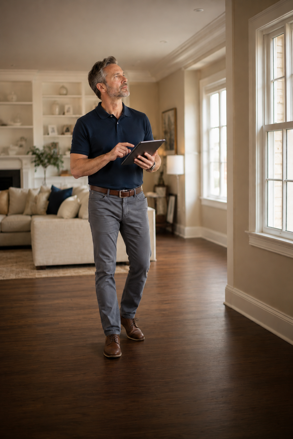 A painting estimator capturing a room's surfaces on his tablet during a walkthrough