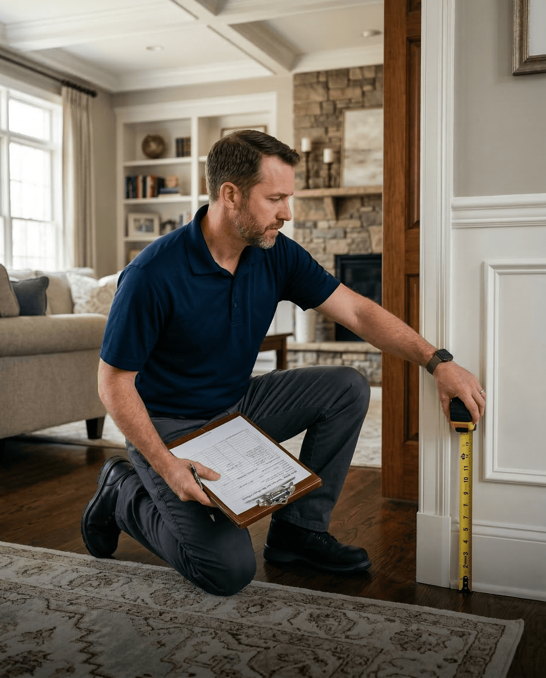 Painting estimator measuring trim during an in-home site walkthrough